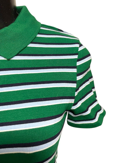 Medium Zara Womens Fitted Waist Length Striped Polo Shirt Green