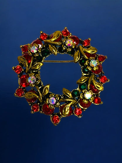 Brooch Pin Goldtone Wreath Red Crystals 1.75 Inch Diameter