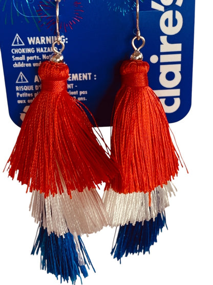 Claires New Tassel Pierced Earrings Patriotic Hook 2.75 Inch Drop