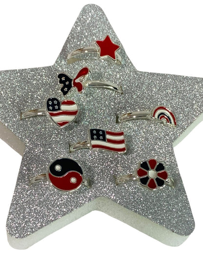 Claires New Set of 7 Adjustable Rings Patriotic USA Silvertone
