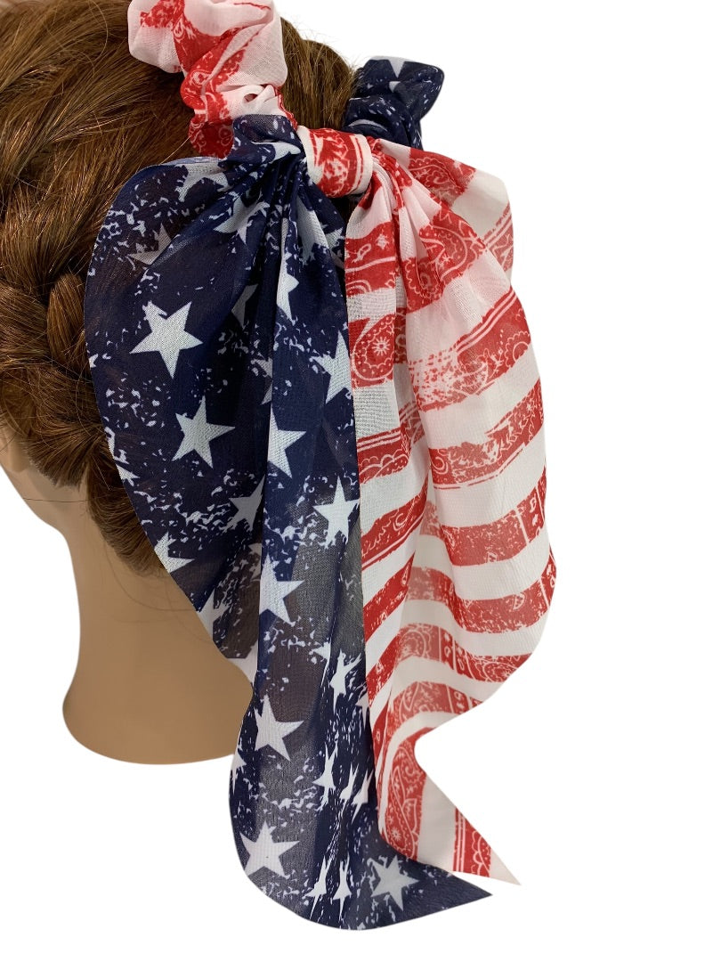 Claires New Hair Elastics Sheer Fabric Cover Train Tail Stars Stripes Patriotic