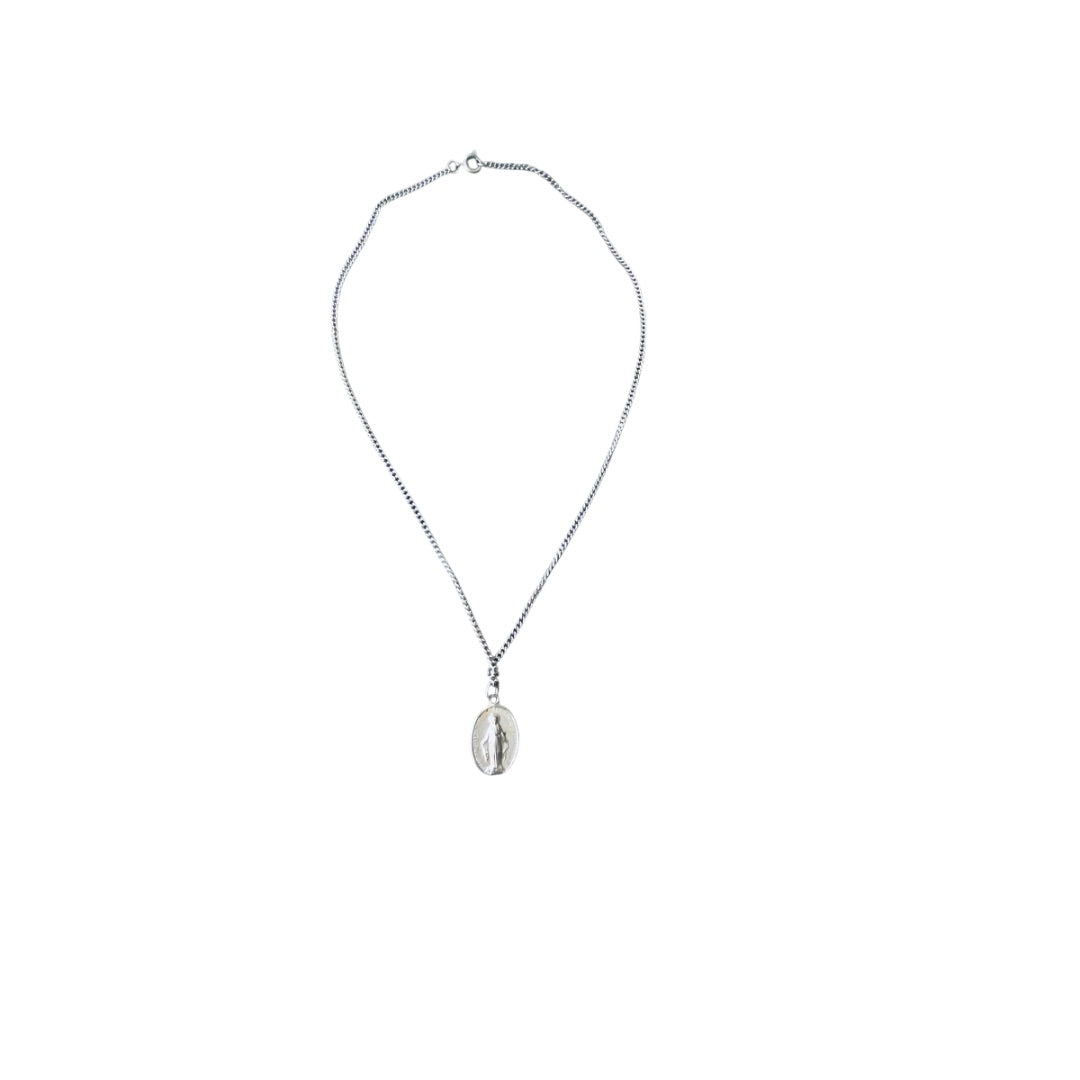 Vintage Mother Mary Miraculous Medal Pendant Necklace Silvertone 17.5 Inch Spring Clasp