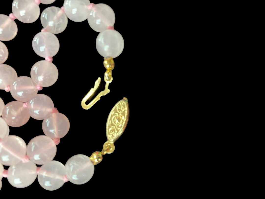 Vintage Rose Quartz Hand Knotted 24 Inch Necklace Fish Hook Intricate Clasp