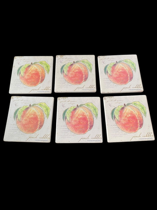 Set of 6 Tile Drink Coasters Cork Backed Peach Cobbler Design 4.25" Square