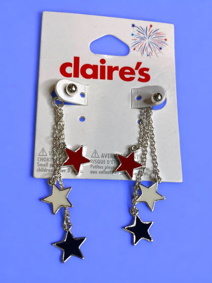 Claires New Post Pierced Earrings Silvertone Stars Patriotic USA 2.5 Inch Drop
