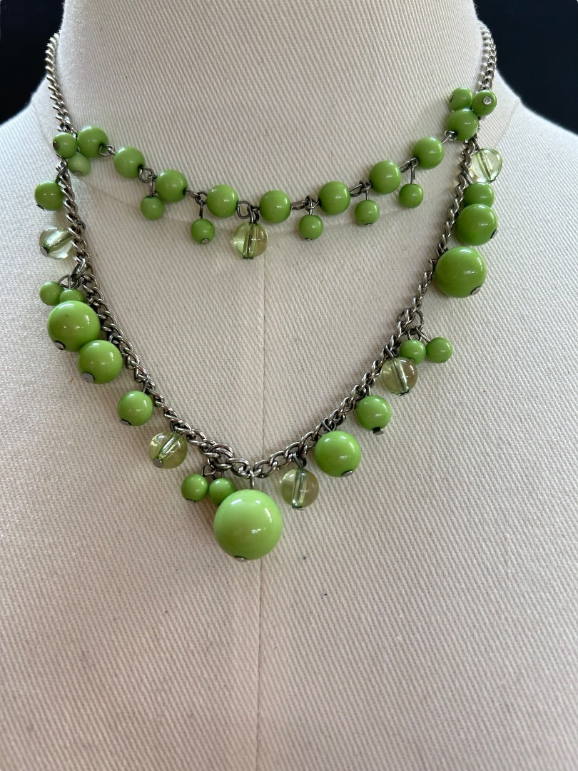 Tiered Kiwi Green Silvertone Statement Necklace 3.5" Drop Lobster Clasp