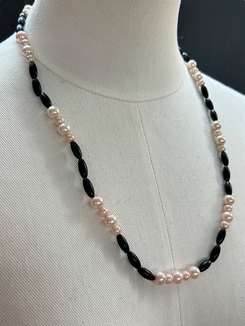 Faux Pink Pearl Black Bead 24 Inch Necklace Spring Clasp Lobster Clasp