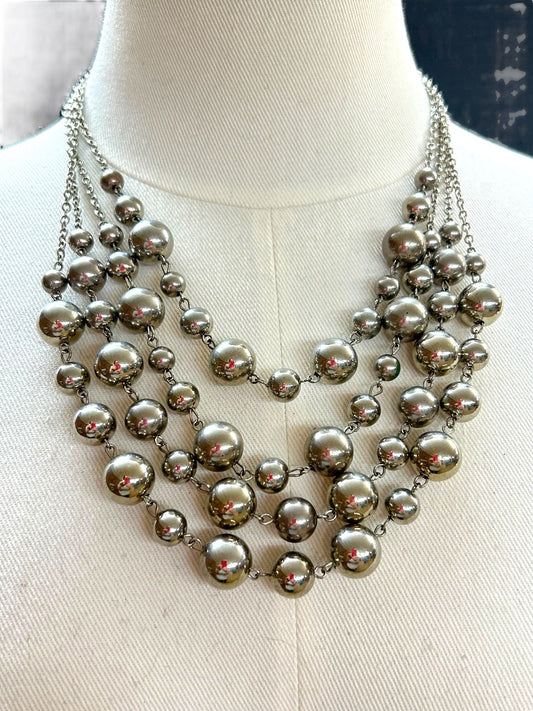 4 Strand Silvertone Beaded Bib Statement Necklace 16 Inch