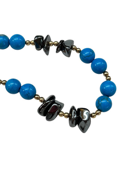 Beaded 7 Inch Spring Clasp Bracelet Turquoise Amethyst Goldtone