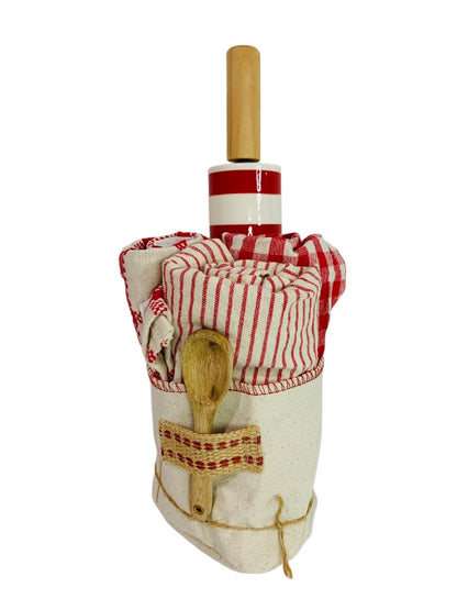 Kitchen Baking Set 3 Towels Spoon Ceramic Rolling Pin New Red