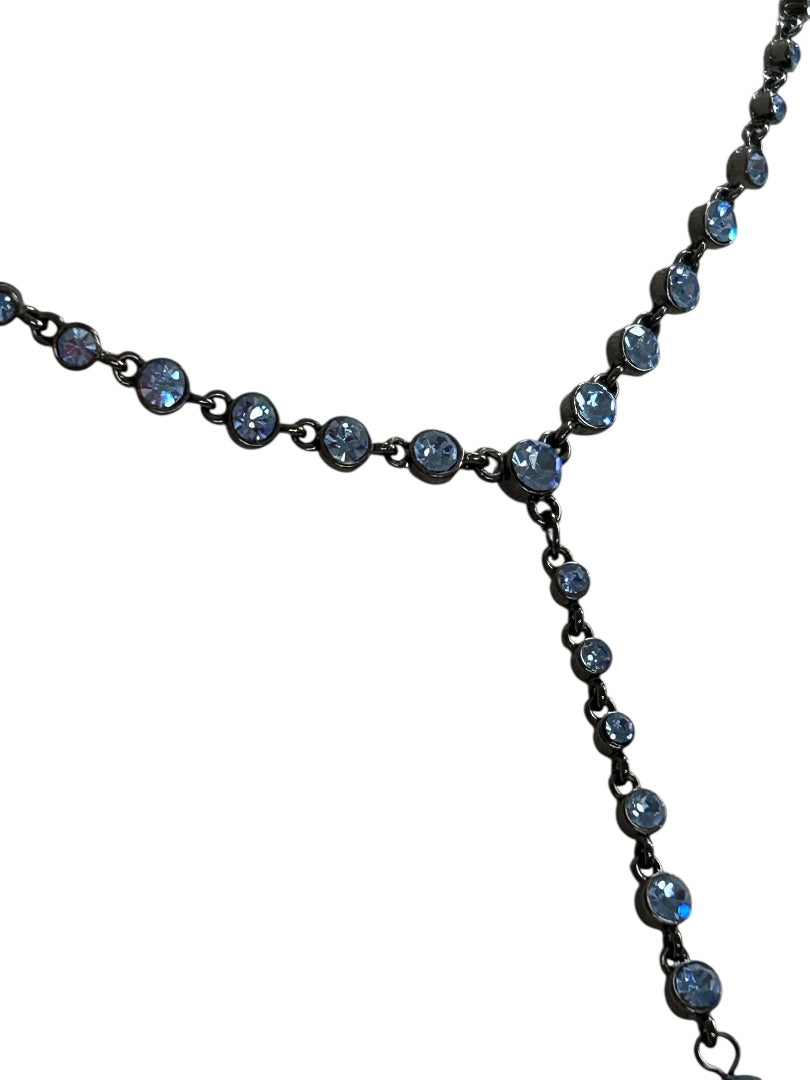 Pewter Color and Blue Crystal Necklace 15 Inch Chain 2" Drop