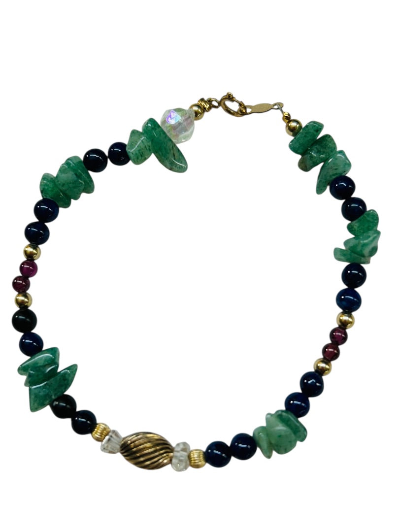 Beaded and Chip Stone 7 Inch Bracelet Green Blue Goldtone Spring Clasp