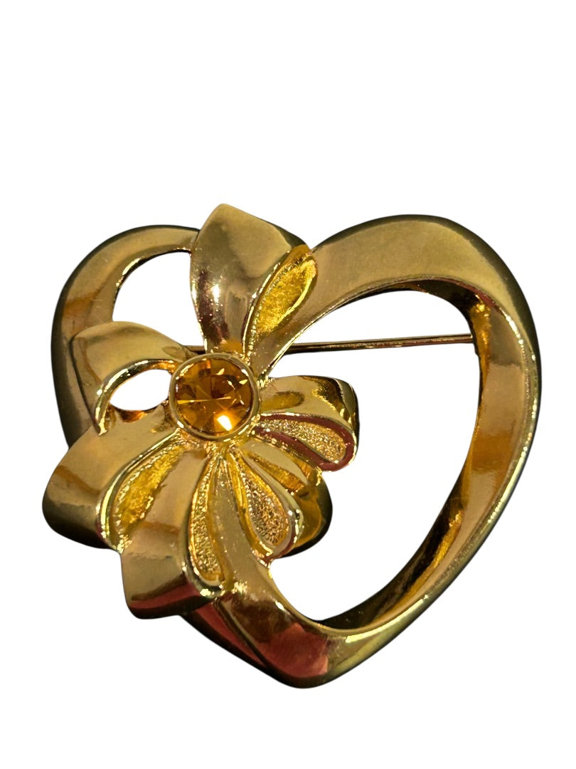 Vintage Goldtone Brooch Pin Heart Shape with Bow Orange Crystal 1.5 Inch