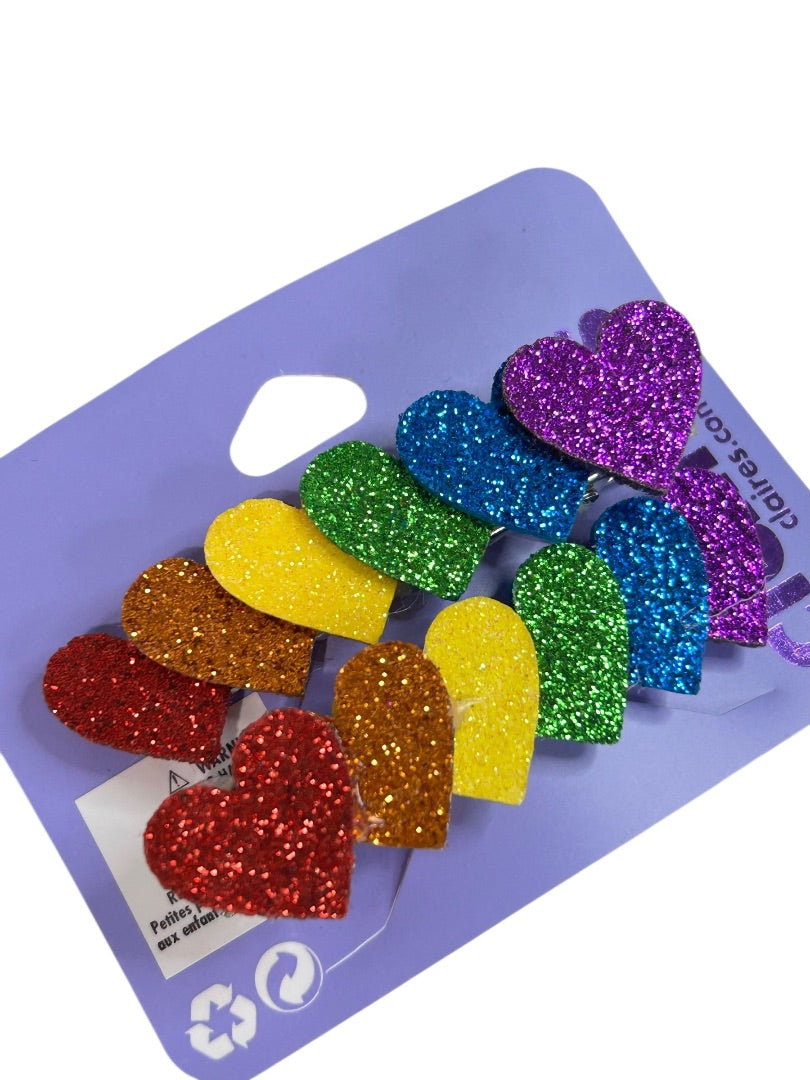 Claires New Rainbow Heart Sparkly Set of 2 Hair Clips 3 Inch