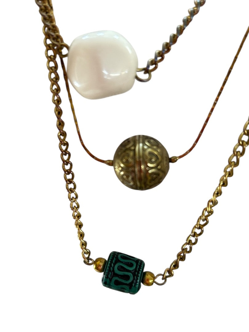 Goldtone Tiered Necklace Green White Black Beads 26 Inch