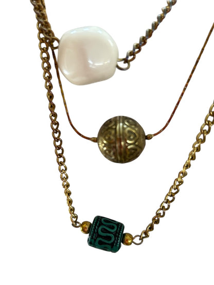 Goldtone Tiered Necklace Green White Black Beads 26 Inch