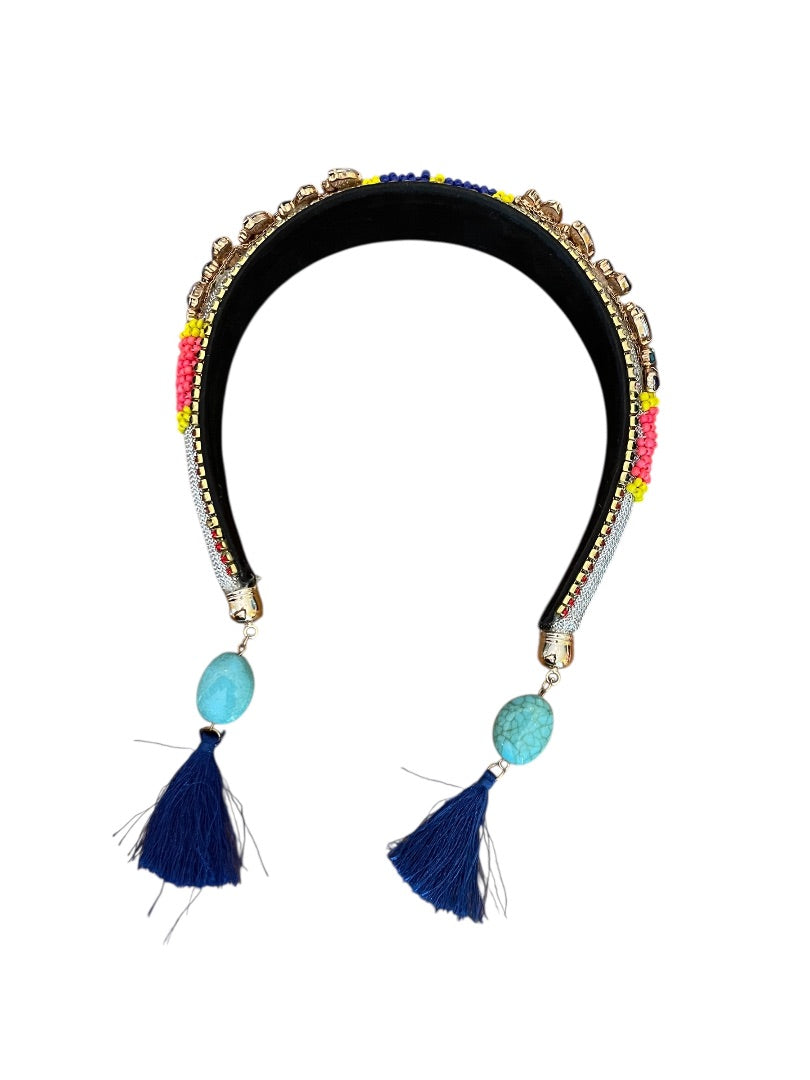 Colorful Rhinestone Jeweled Padded Headband Tassels