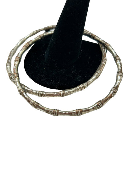 Set of 2 Distressed Silvertone Bangle Bracelets Bamboo Design 2.5 Inch