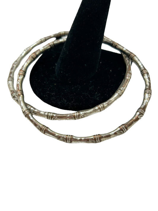 Set of 2 Distressed Silvertone Bangle Bracelets Bamboo Design 2.5 Inch