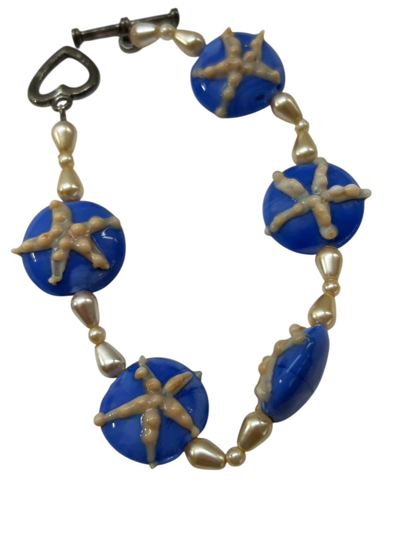 Blue Glass Beaded Starfish Bracelet Toggle Clasp 7.75 Inch