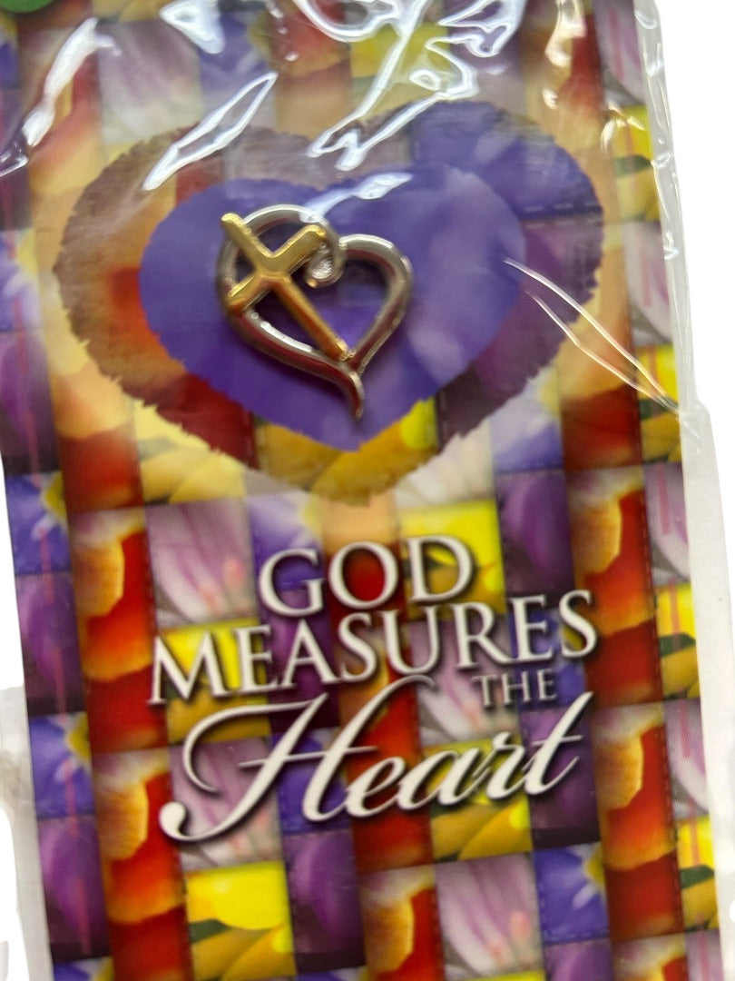 Religious Pin on Prayer Card Heart Cross God Measures Heart Goldtone