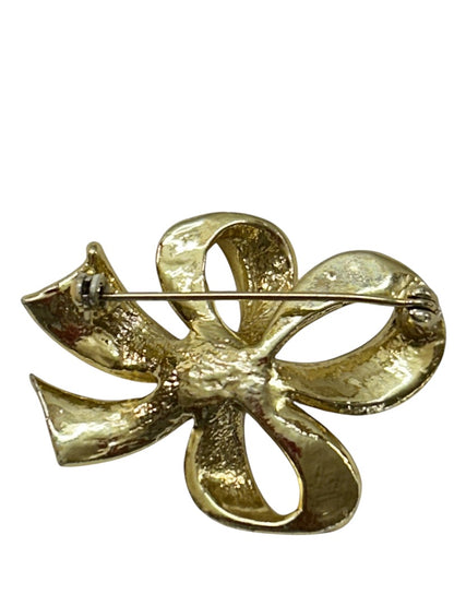 Textured Goldtone Bow Brooch Pin 1.75 Inch Holiday Special Occasion