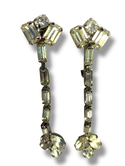 Vintage Rhinestone Clip On Non-Pierced Earrings 2 Inch Drop