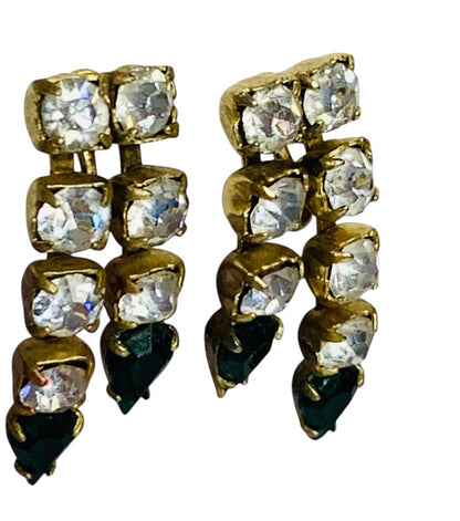 Vintage Clip On Screwback Earrings Goldtone Rhinestone Green 1.1 Inch Drop