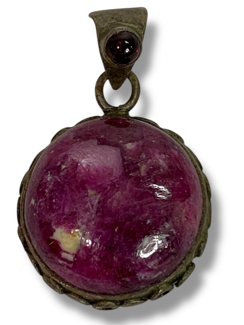 Polished Purple Stone Round Pendant Silvertone Setting 1.5 Inch Drop