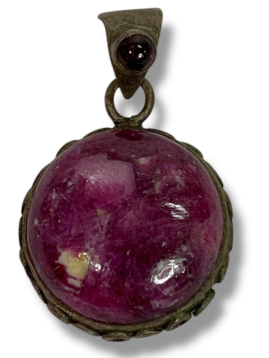 Polished Purple Stone Round Pendant Silvertone Setting 1.5 Inch Drop