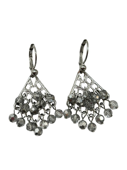 Silvertone Leverback Earrings Gray Crystals 1.5 Inch Drop Dangle