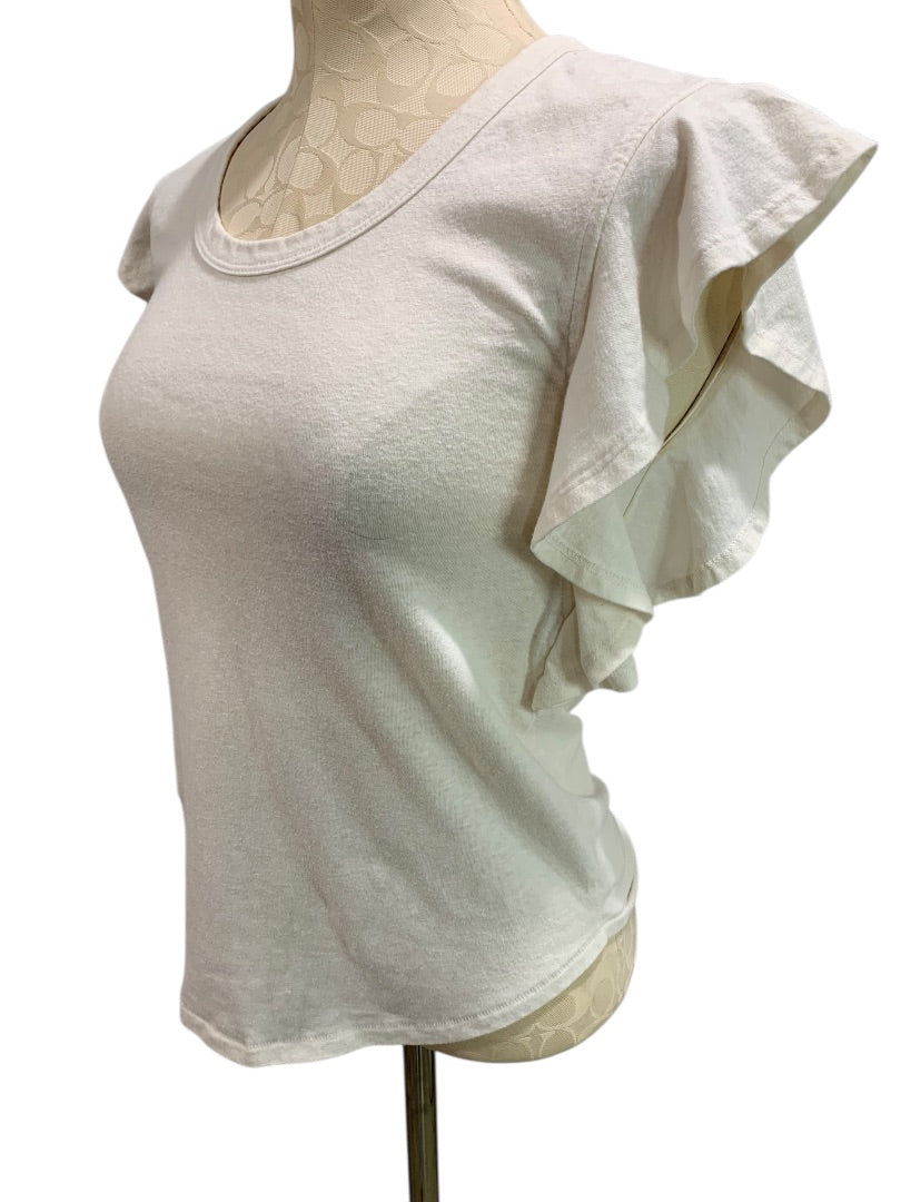 XS Loft Womens Off White Ruffle Sleeve Tshirt Top Scoop Neck
