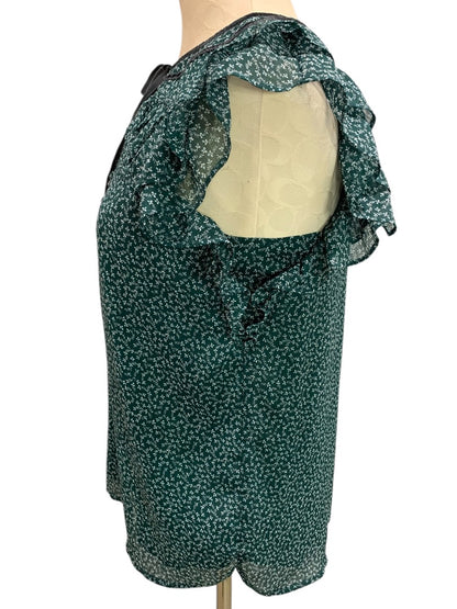 XS Loft Womens Emerald Green Popover Blouse Shirt Velvet Trim Floral