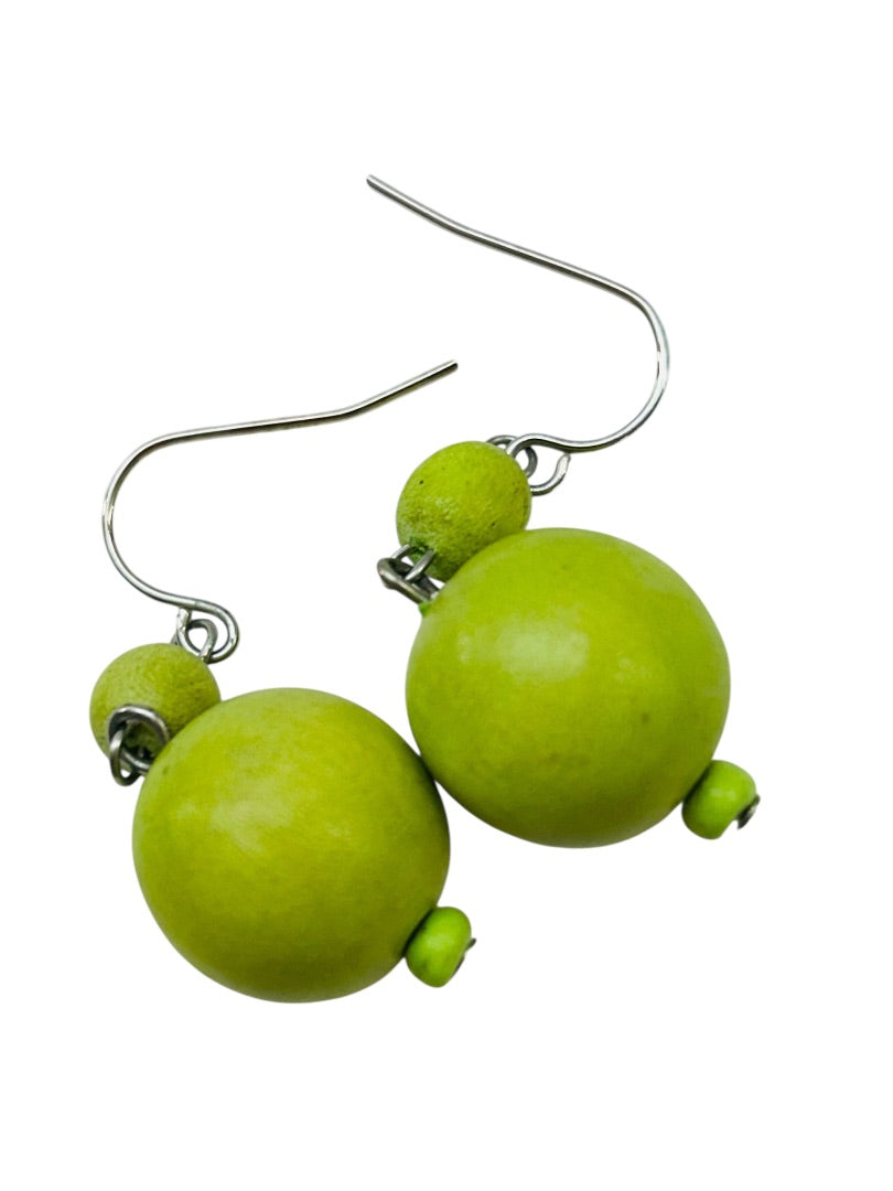 Lime Green Wooden Beaded Fishhook Earrings 1.5" Drop Dangle Pierced
