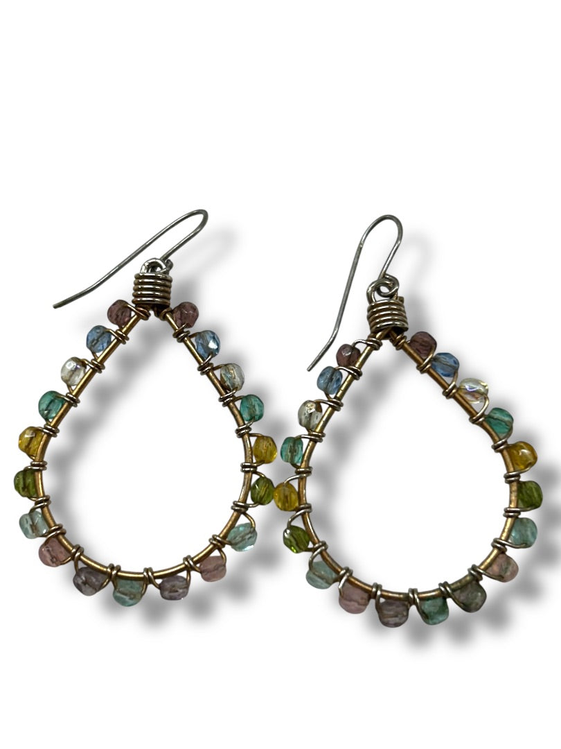 Wrapped Wire and Pastel Beaded Fishhook Earrings 2 Inch Drop