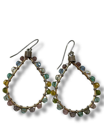 Wrapped Wire and Pastel Beaded Fishhook Earrings 2 Inch Drop