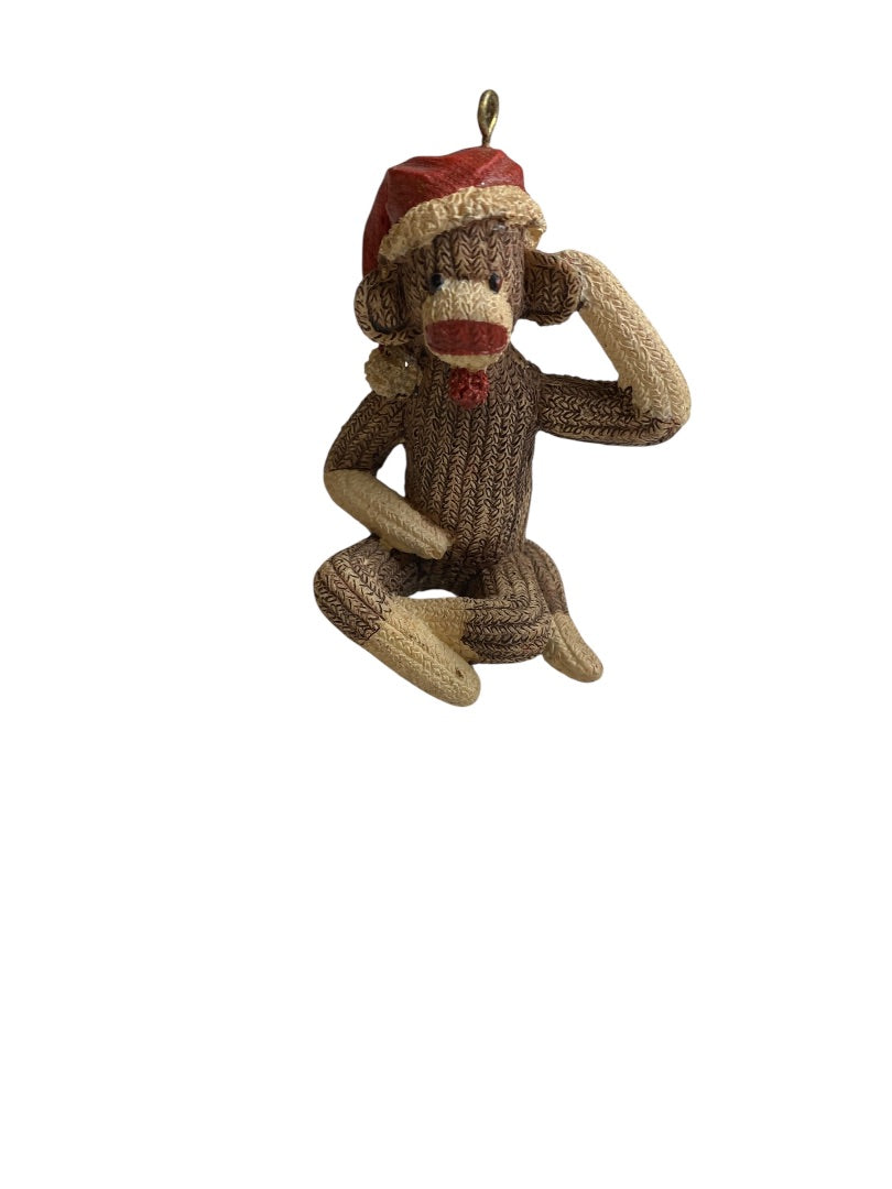 Sock Monkey Ornament 3 Inch Resin Textured Christmas Santa Hat