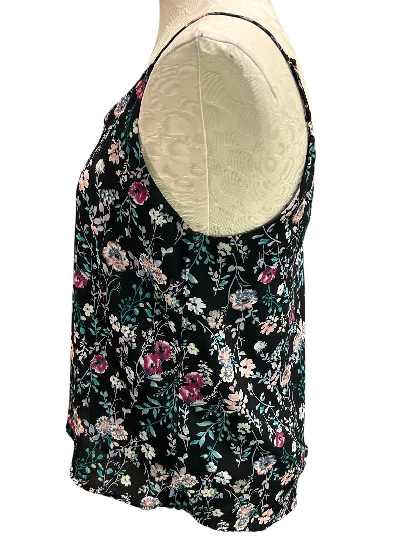 Small Lush Womens Navy Blue Floral Print Sleeveless Blouse Keyhole Neckline