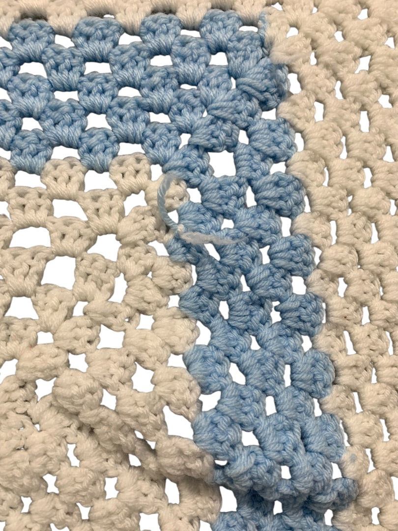 Vintage Crochet Afghan Blanket Throw 38" Square Blue White