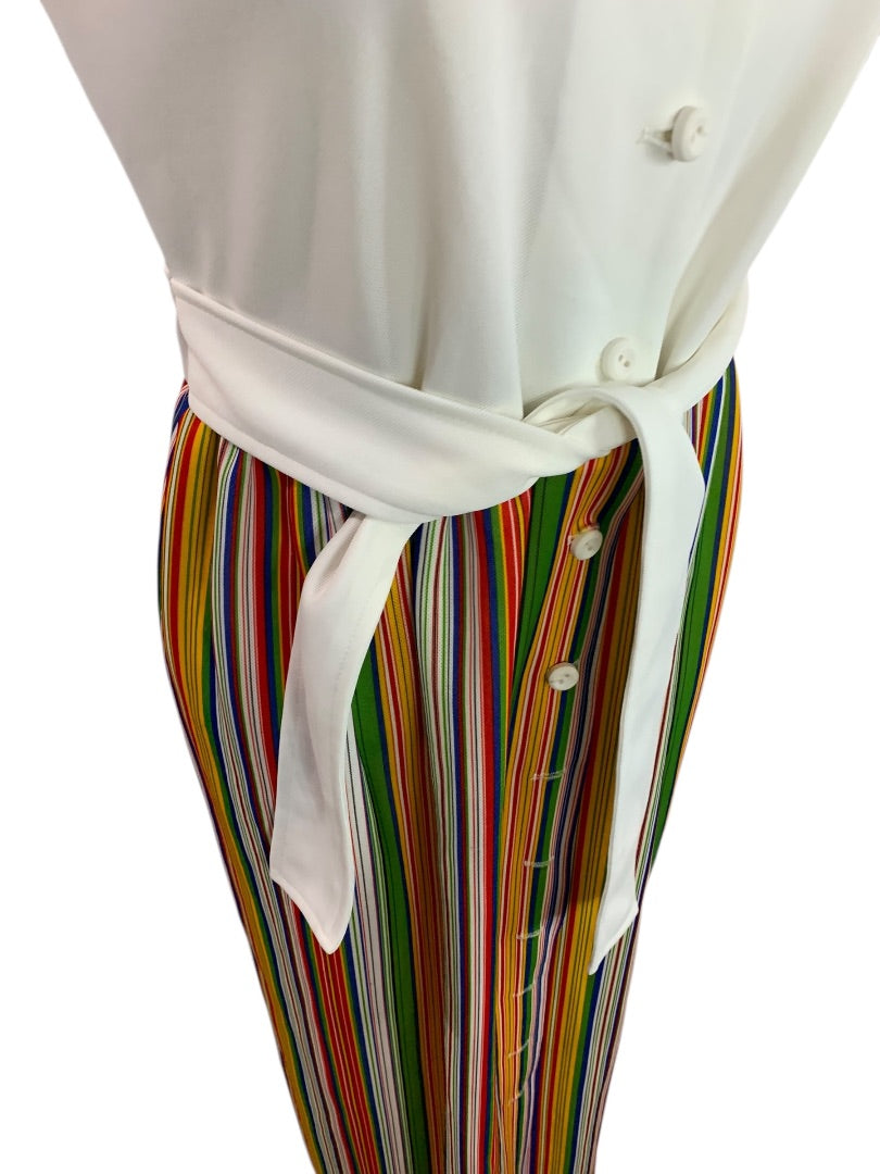 Size 10 Vintage Rainbow Stripe Maxi Dress White Sleeveless Button Front