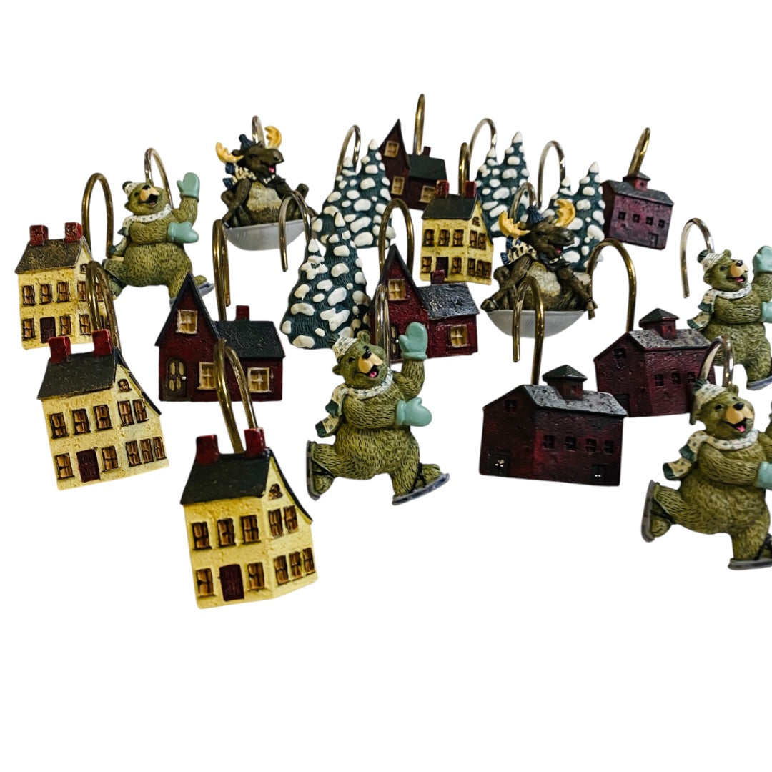 Set of 20 Holiday Winter Shower Curtain Hooks Bear Barn Tree Snow