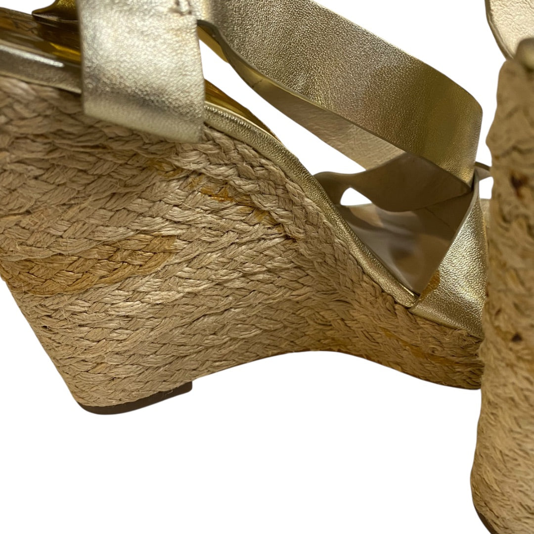 10 Michael Kors Giovanna Gold Strappy Wedge Sandals Metallic 5" Espadrilles