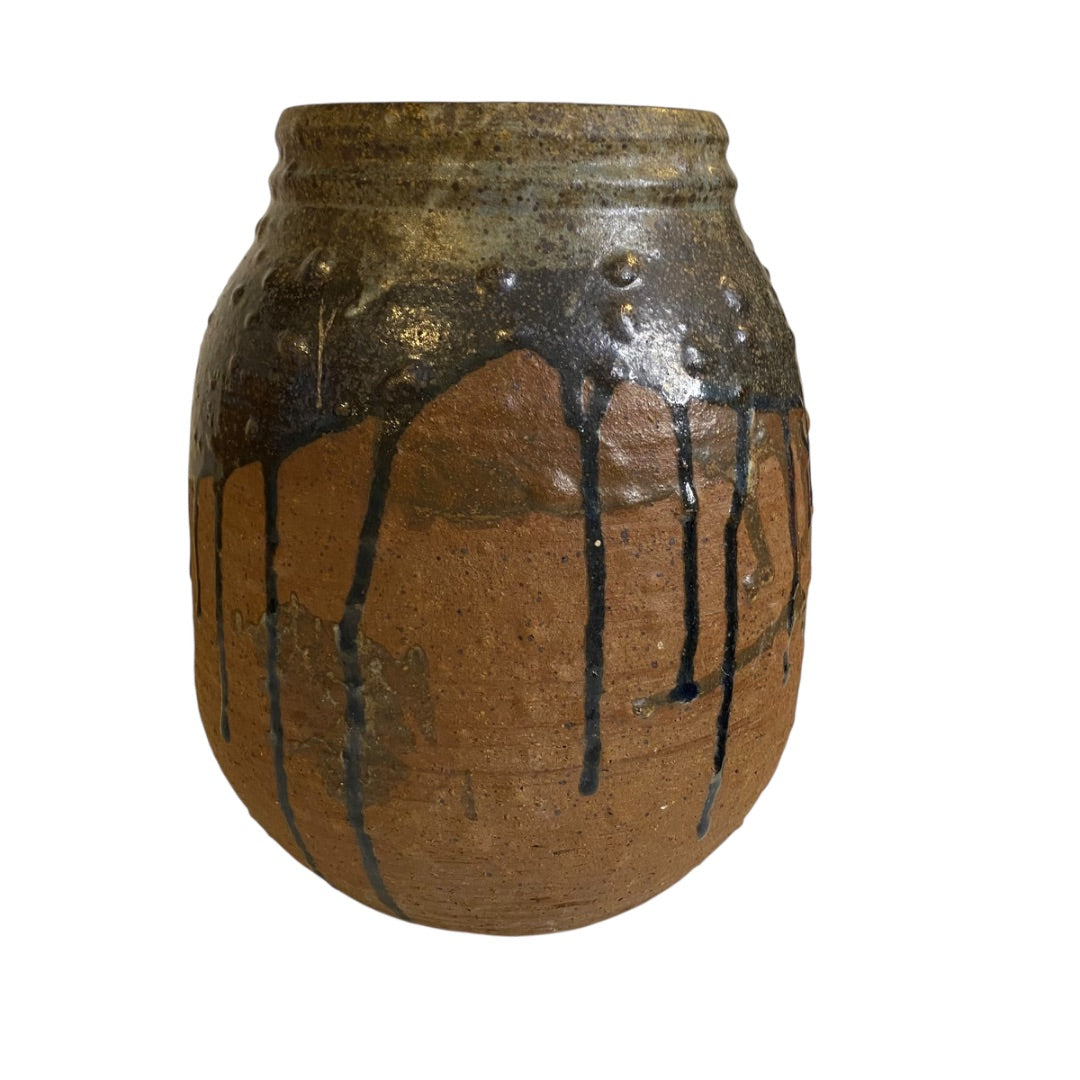 Vintage Hand Thrown Pottery Drip Glaze Vase Jar 10"h