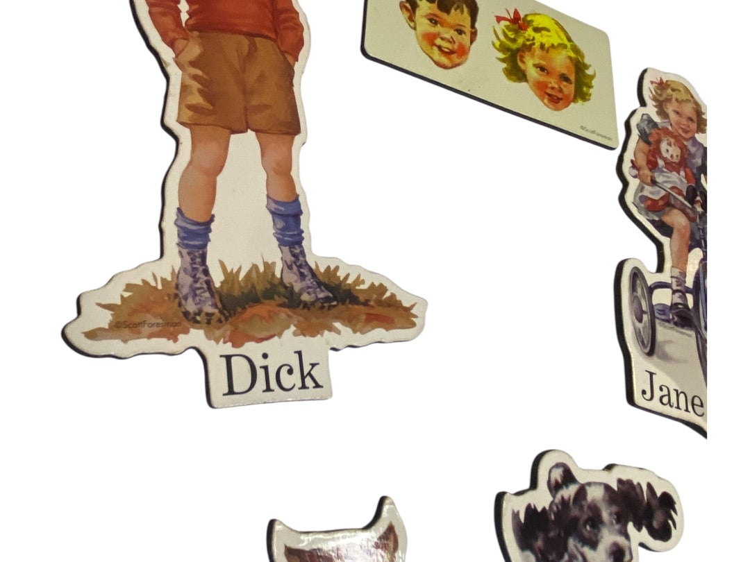 Set of 5 Dick and Jane Retro Magnets Scott Foresman Die-Cut Spot Puff