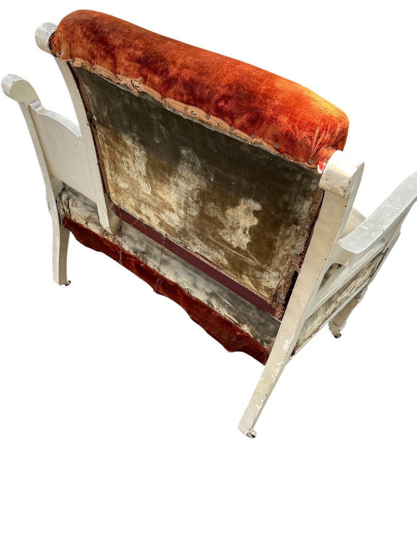 Antique Victorian Cottage Settee Chair Velvet Carved Wood Casters
