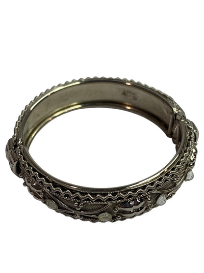Hinged Bangle Bracelet Silvertone Mesh Rhinestone .5" Thick