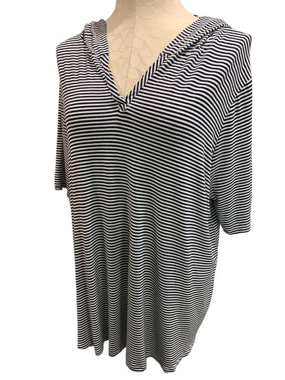 1X Kim & Cami Womens Striped Pullover Hoodie Short Sleeve Lightweight Black White