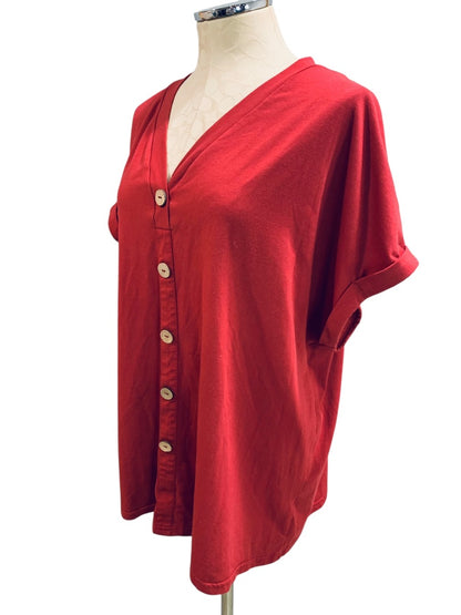 XXL Womens Red Short Sleeve Tshirt Button Embellished V-Neck Pullover