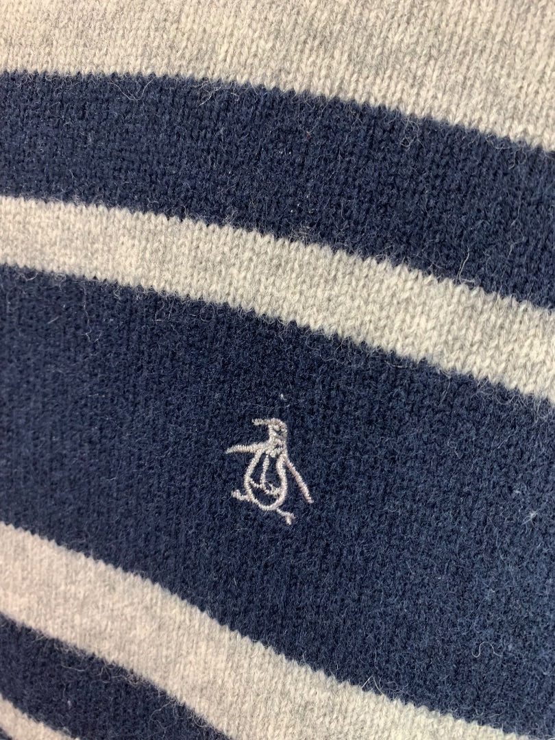 Large Penguin Munsingwear Mens Navy Blue Gray Striped Sweater Wool Blend