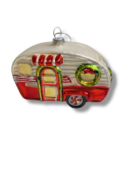 Blown Glass Happy Camper Ornament Holiday Christmas 4.5" Length